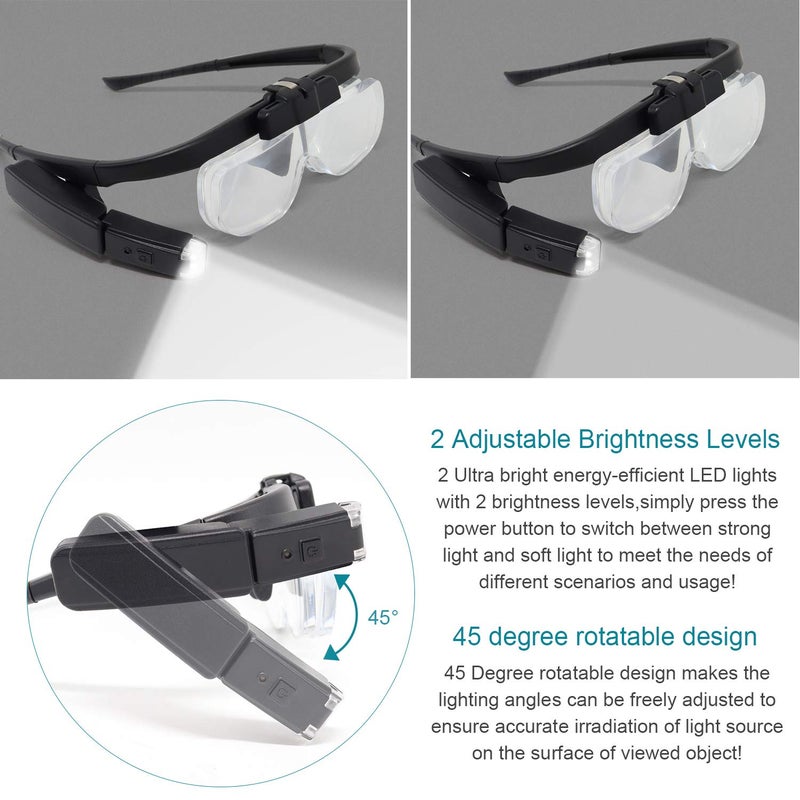 Reliancer LED Head Mount Magnifier Glasses with 3 Detachable Lenses 2 Led Professional Jeweler Loupe Light USB Rechargeable Hands Free Headband Magnifying Glass for Reading Watch & Electronic Repair Sewing - Image 5